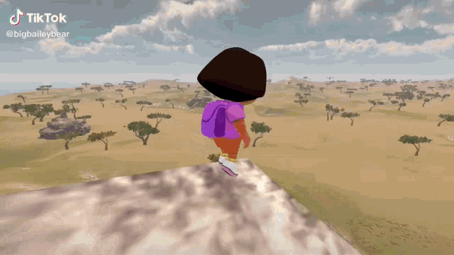a cartoon of dora the explorer standing on top of a hill with the words " dont jump " below her