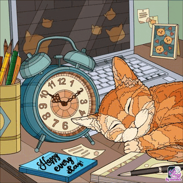 a cat laying on a desk next to an alarm clock and a book that says " happy every day "