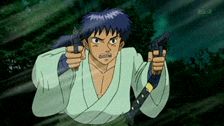 a man in a kimono is holding two guns in front of a b5 sign