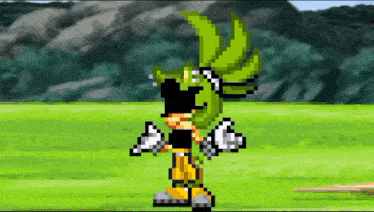 a pixel art of a cartoon character with a green helmet
