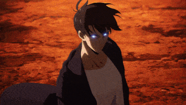 a man with glowing blue eyes stands in the dirt