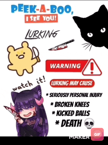 a poster that says peek a boo i see you lurking watch it serious personal injury broken knees kicked balls death