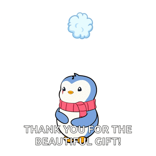 a penguin wearing a scarf is holding a rainbow in front of a thank you message
