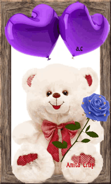 a picture of a teddy bear with a blue rose and purple heart shaped balloons written by anita cruz