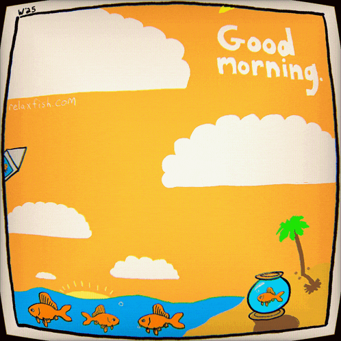 a cartoon drawing of fish on a beach with the words good morning