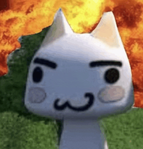 a white cat with a mustache is making a funny face in front of an explosion .