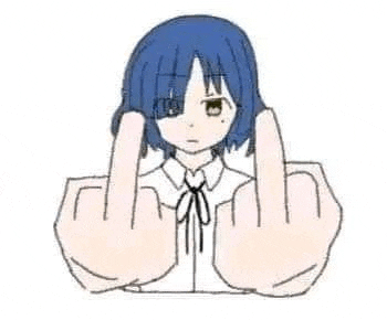a girl with blue hair is making a middle finger gesture .