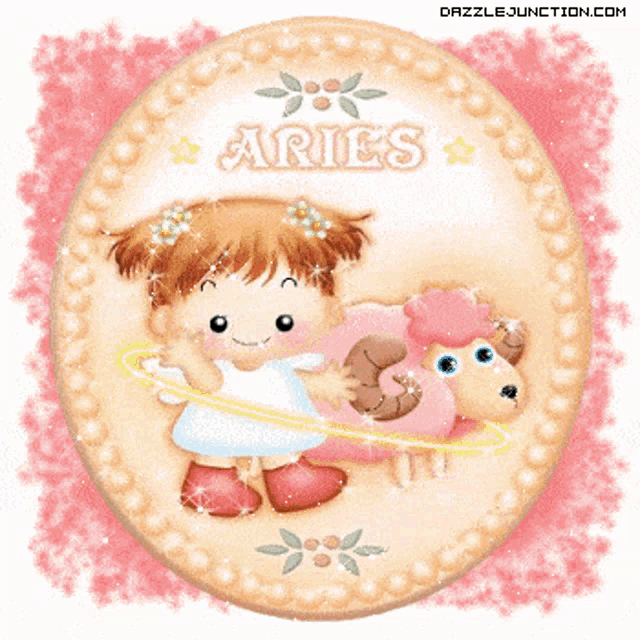 a picture of a girl holding a ram and the word aries on it