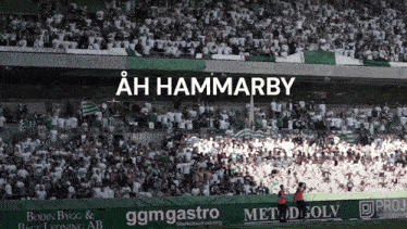 a crowd of people in a stadium with ah hammarby written in white