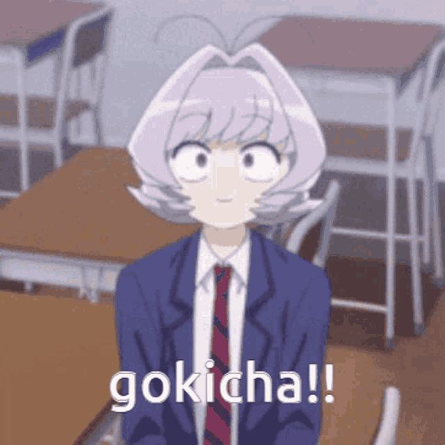 a girl in a suit and tie says gokicha !