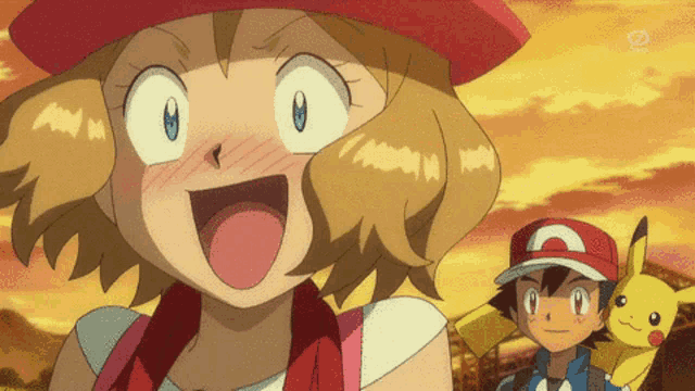 a cartoon of a girl and a boy with a pikachu on their shoulders