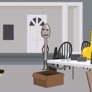 a cartoon of a stick figure standing next to a cardboard box .