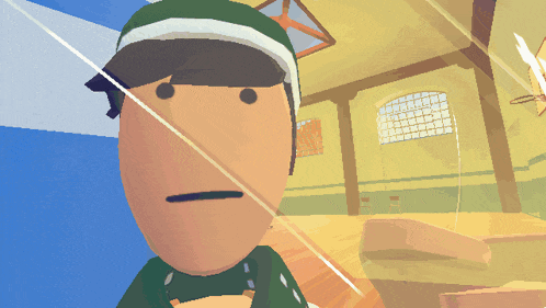 a cartoon character with a green hat and a white stripe on the side