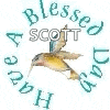 a hummingbird is flying in a circle with the words `` blessed scott `` written around it .