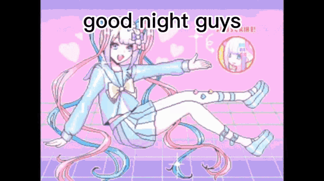 a drawing of a girl with long hair and the words good night guys below her