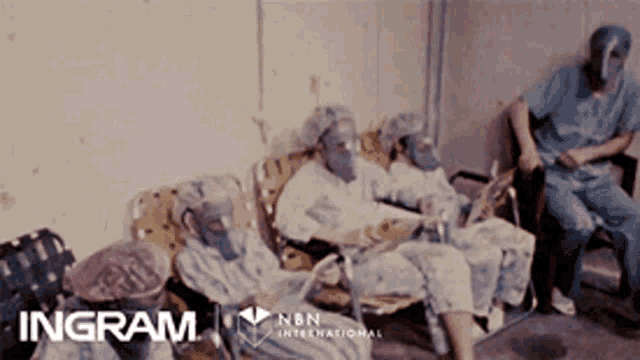 a group of people wearing gas masks are sitting on a couch with ingram international written on the bottom
