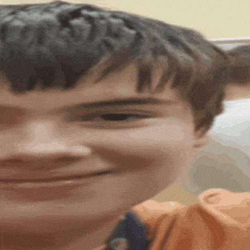 a close up of a young boy 's face with a slight smile on his face