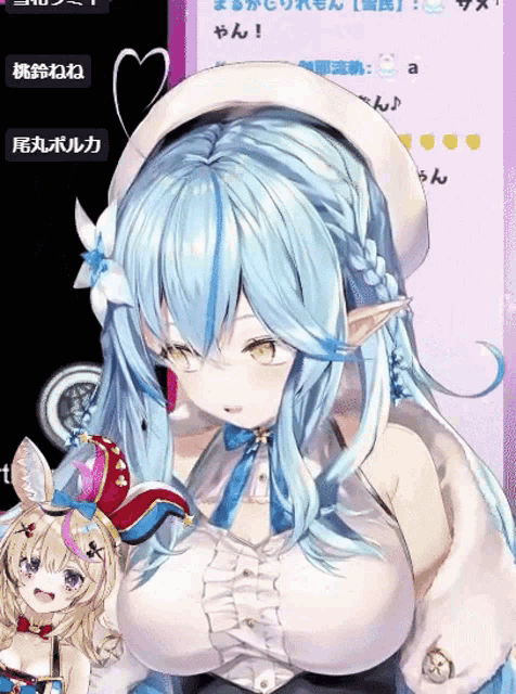 a girl with blue hair is wearing a white hat and a white top