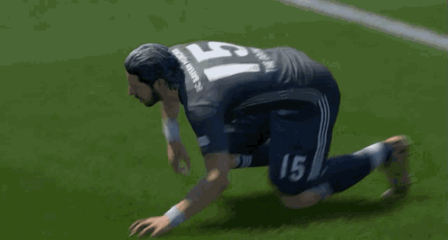 a soccer player with the number 15 on his shorts is kneeling down on the field