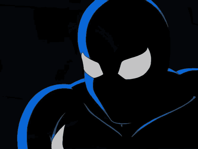 a close up of a black and blue spiderman 's face