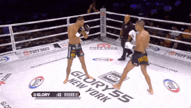 two boxers are fighting in a ring that says glory 55 on the floor