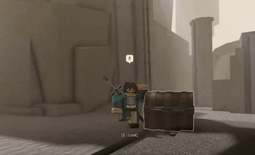 a video game character is standing next to a trunk that says loot on it