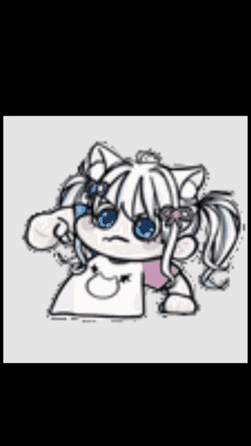 a cartoon girl with white hair and blue eyes is holding a piece of paper in her hand .