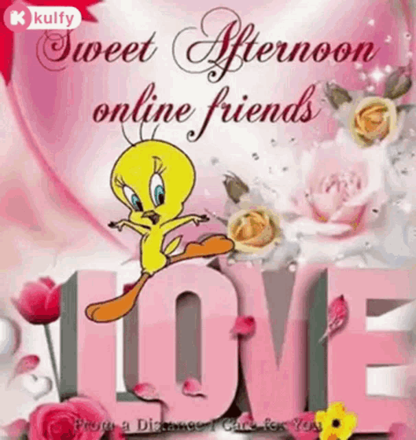 a tweety bird is sitting on the word love .