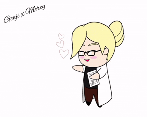 a cartoon drawing of a man holding a cup of coffee with the words genji x mercy above him