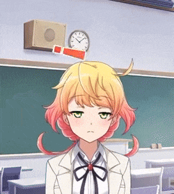 a girl in a classroom with a clock on the wall above her head