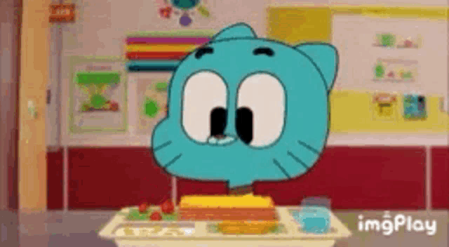 gumball from the amazing world of gumball is sitting at a table with a cake .
