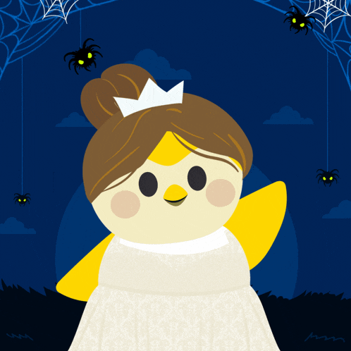 a cartoon illustration of a bird in a white dress with a crown on its head