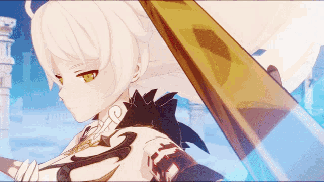 a girl with white hair and green eyes is holding a sword in a video game