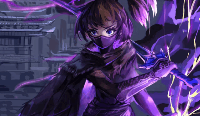 a drawing of a girl with a mask on holding a sword