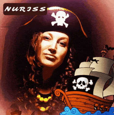 a picture of a woman in a pirate hat with a skull and crossbones