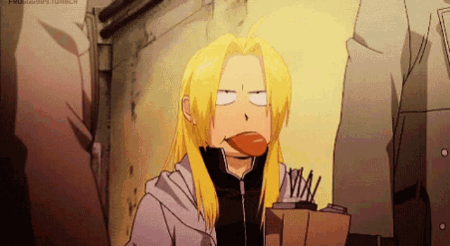 edward elric from fullmetal alchemist making a funny face with his tongue out