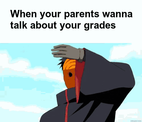 when your parents wanna talk about your grades a cartoon character covering his eyes