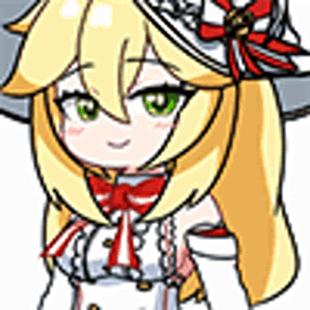 a cartoon girl with blonde hair and green eyes is wearing a hat and gloves .