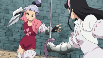 two anime characters are fighting with swords in front of a stone wall