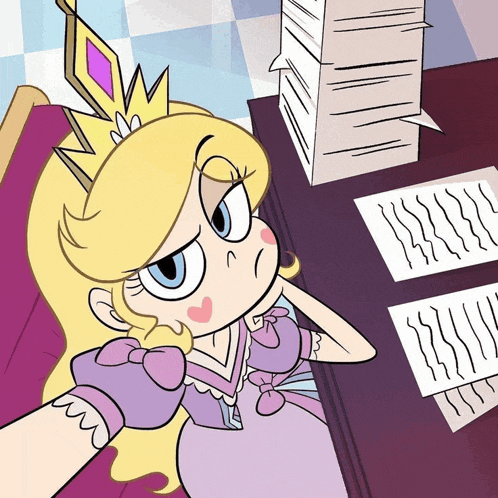 a cartoon of a girl with a crown sitting at a desk with papers on it