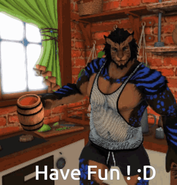 a cartoon of a man holding a wooden barrel with the words have fun : d below him