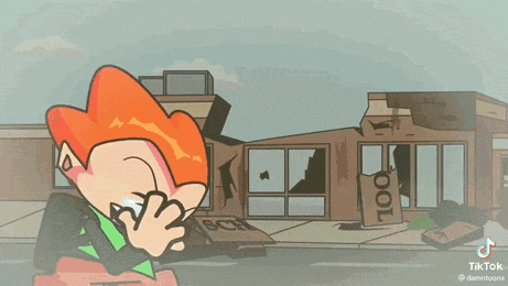 a cartoon character is crying in front of a building with a sign that says 100 .