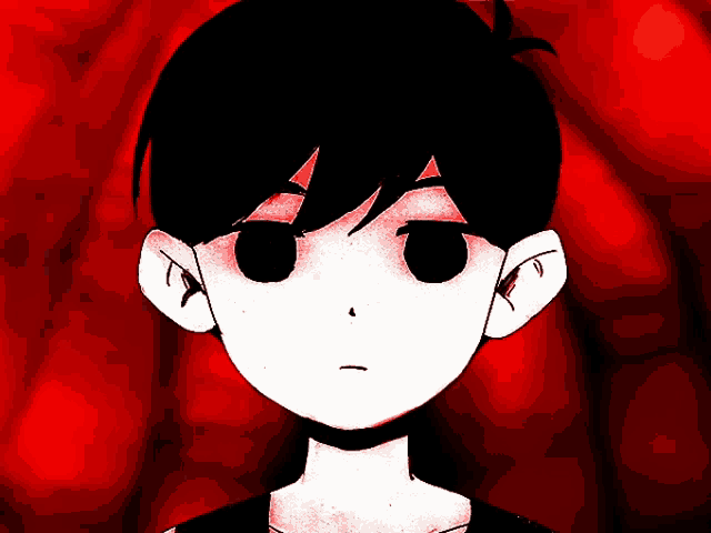 a cartoon character with black hair and red eyes