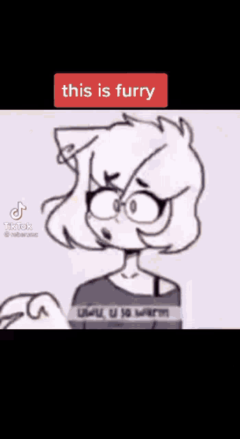 a cartoon of a girl wearing glasses and a blue shirt with the words `` this is furry '' on it .