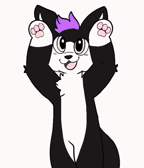 a black and white furry animal with purple hair and paw prints