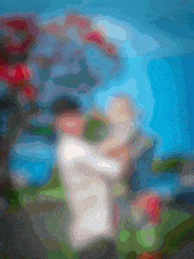 a blurry painting of a bride and groom dancing