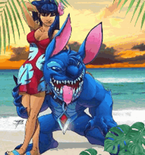 a woman in a red dress stands next to a blue monster