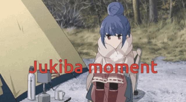 a girl is sitting in front of a tent with the words jukiba moment written in red