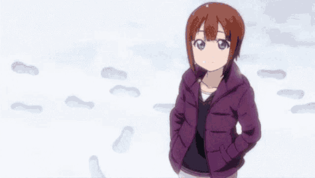 a girl in a purple jacket is standing in the snow with the words you 're trash above her