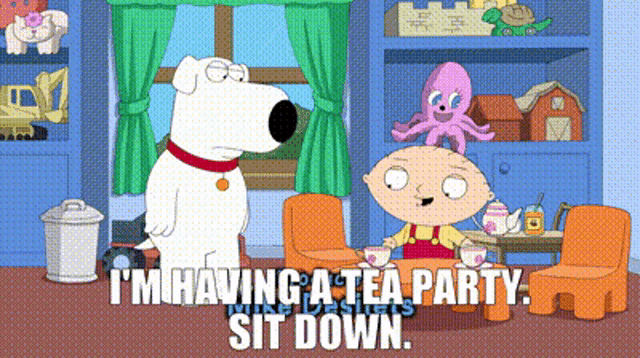 a cartoon of a dog and a boy sitting at a table with the words i 'm having a tea party sit down